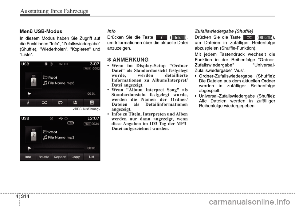 Hyundai Grand Santa Fe 2015  Betriebsanleitung (in German) Ausstattung Ihres Fahrzeugs
314
4
Menü USB-Modus
In diesem Modus haben Sie Zugriff auf
die Funktionen "Info", "Zufallswiedergabe"
(Shuffle), "Wiederholen". "Kopieren" und
"Liste".
<RDS-Ausführung>
I