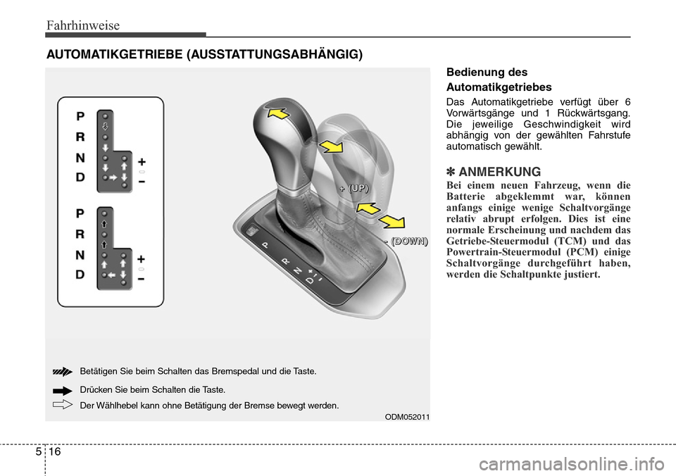 Hyundai Grand Santa Fe 2015  Betriebsanleitung (in German) Fahrhinweise
16
5
Bedienung des
Automatikgetriebes
Das Automatikgetriebe verfügt über 6
Vorwärtsgänge und 1 Rückwärtsgang.
Die jeweilige Geschwindigkeit wird
abhängig von der gewählten Fahrstu