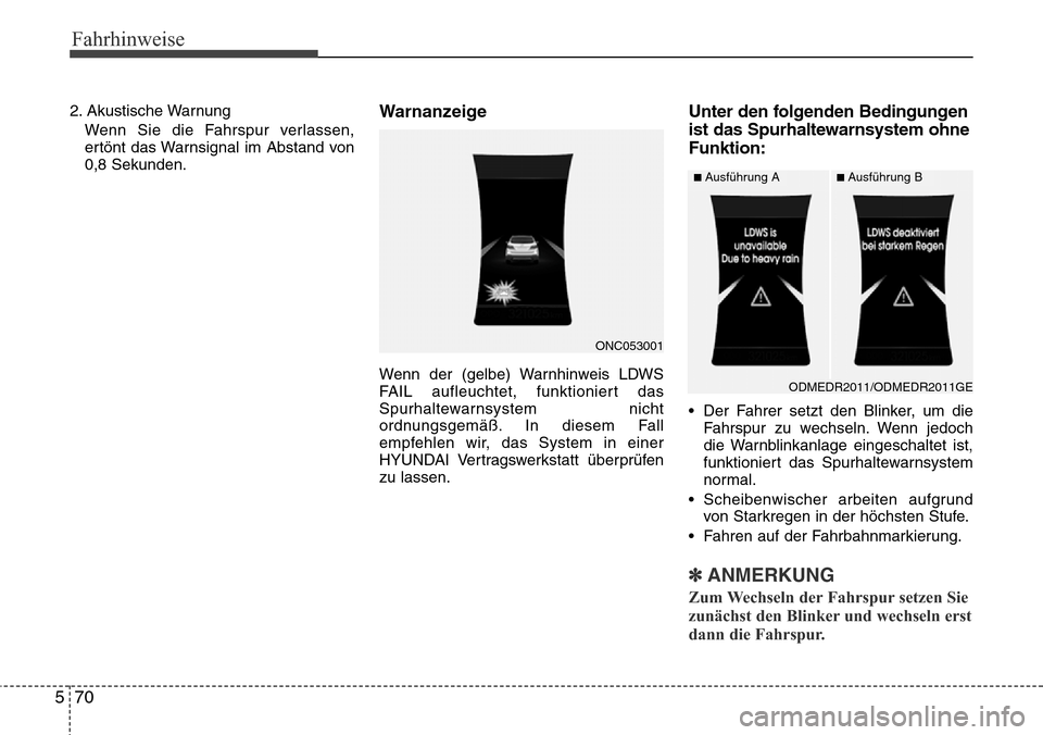 Hyundai Grand Santa Fe 2015 Betriebsanleitung (in German) Fahrhinweise
70
5
2. Akustische Warnung
Wenn Sie die Fahrspur verlassen,
ertönt das Warnsignal im Abstand von
0,8 Sekunden.Warnanzeige
Wenn der (gelbe) Warnhinweis LDWS
FAIL aufleuchtet, funktioniert Hyundai Grand Santa Fe 2015 Betriebsanleitung (in German) Fahrhinweise
70
5
2. Akustische Warnung
Wenn Sie die Fahrspur verlassen,
ertönt das Warnsignal im Abstand von
0,8 Sekunden.Warnanzeige
Wenn der (gelbe) Warnhinweis LDWS
FAIL aufleuchtet, funktioniert
