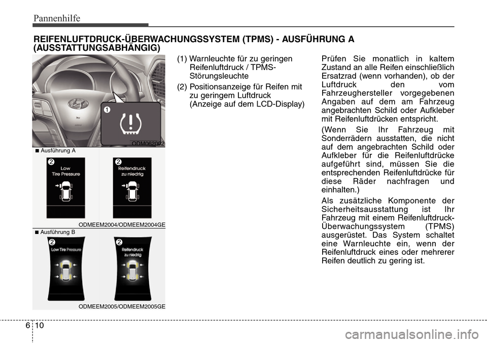 Hyundai Grand Santa Fe 2015 Betriebsanleitung (in German) Pannenhilfe
10
6
REIFENLUFTDRUCK-ÜBERWACHUNGSSYSTEM (TPMS) - AUSFÜHRUNG A
(AUSSTATTUNGSABHÄNGIG)
(1) Warnleuchte für zu geringen
Reifenluftdruck / TPMS-
Störungsleuchte
(2) Positionsanzeige für Hyundai Grand Santa Fe 2015 Betriebsanleitung (in German) Pannenhilfe
10
6
REIFENLUFTDRUCK-ÜBERWACHUNGSSYSTEM (TPMS) - AUSFÜHRUNG A
(AUSSTATTUNGSABHÄNGIG)
(1) Warnleuchte für zu geringen
Reifenluftdruck / TPMS-
Störungsleuchte
(2) Positionsanzeige für