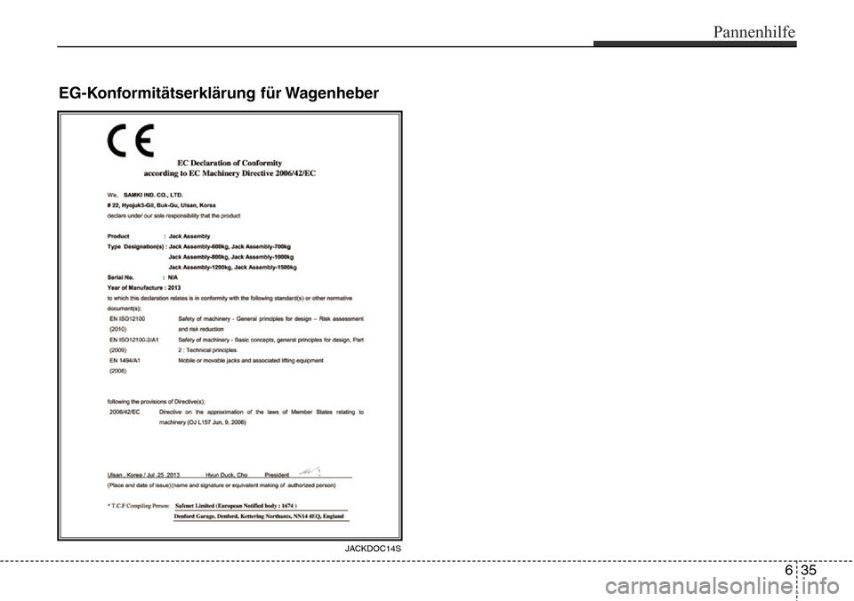 Hyundai Grand Santa Fe 2015  Betriebsanleitung (in German) EG-Konformitätserklärung für Wagenheber
JACKDOC14S
Pannenhilfe
35
6 