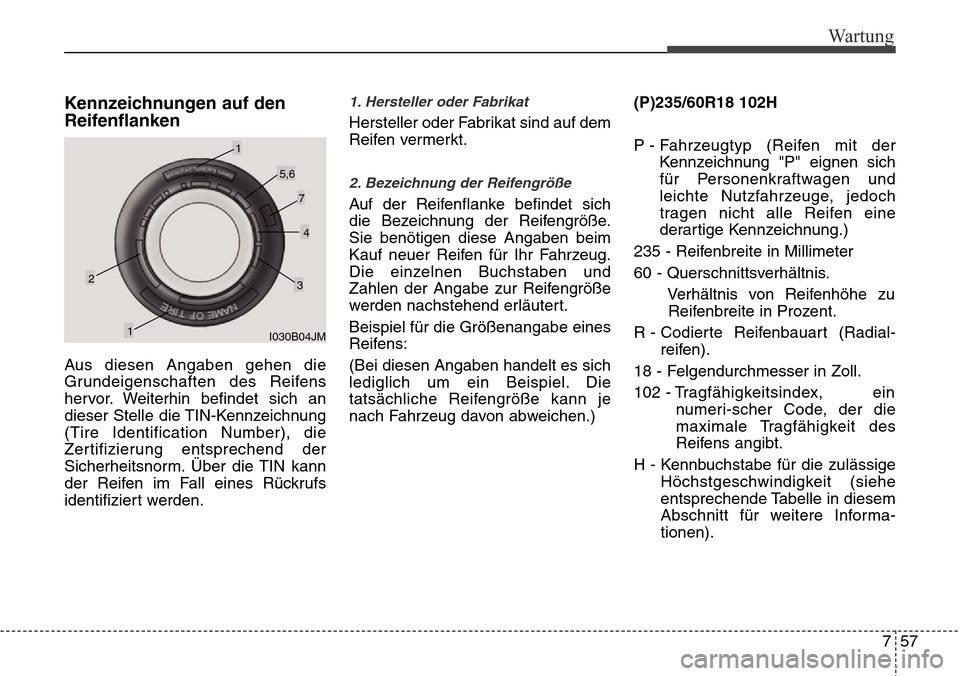 Hyundai Grand Santa Fe 2015 Betriebsanleitung (in German) 757
Wartung
Kennzeichnungen auf den
Reifenflanken
Aus diesen Angaben gehen die
Grundeigenschaften des Reifens
hervor. Weiterhin befindet sich an
dieser Stelle die TIN-Kennzeichnung
(Tire Identificatio Hyundai Grand Santa Fe 2015 Betriebsanleitung (in German) 757
Wartung
Kennzeichnungen auf den
Reifenflanken
Aus diesen Angaben gehen die
Grundeigenschaften des Reifens
hervor. Weiterhin befindet sich an
dieser Stelle die TIN-Kennzeichnung
(Tire Identificatio