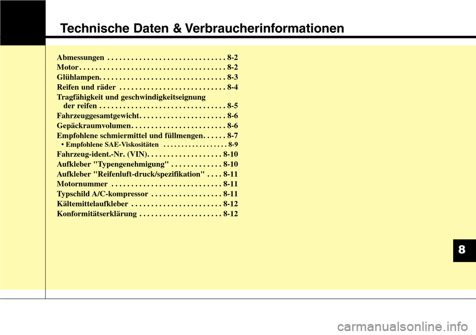 Hyundai Grand Santa Fe 2015 Betriebsanleitung (in German) Technische Daten & Verbraucherinformationen
Abmessungen . . . . . . . . . . . . . . . . . . . . . . . . . . . . . . 8-2
Motor . . . . . . . . . . . . . . . . . . . . . . . . . . . . . . . . . . . . \
Hyundai Grand Santa Fe 2015 Betriebsanleitung (in German) Technische Daten & Verbraucherinformationen
Abmessungen . . . . . . . . . . . . . . . . . . . . . . . . . . . . . . 8-2
Motor . . . . . . . . . . . . . . . . . . . . . . . . . . . . . . . . . . . . \