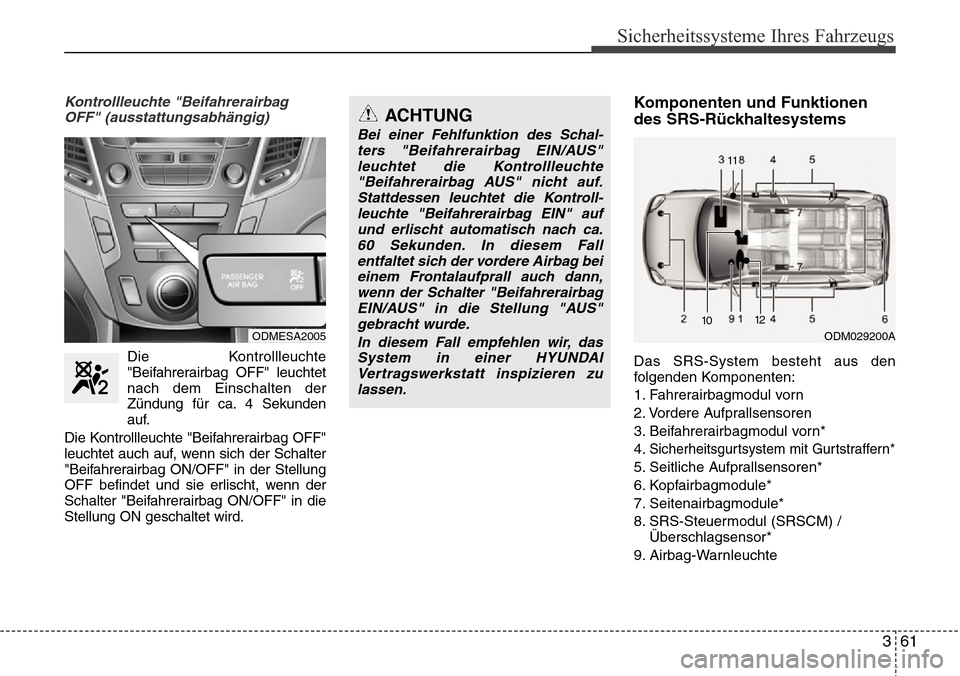 Hyundai Grand Santa Fe 2015 Betriebsanleitung (in German) 361
Sicherheitssysteme Ihres Fahrzeugs
Kontrollleuchte "BeifahrerairbagOFF" (ausstattungsabhängig)
Die Kontrollleuchte"Beifahrerairbag OFF" leuchtet
nach dem Einschalten der
Zündung für ca. 4 Sekun Hyundai Grand Santa Fe 2015 Betriebsanleitung (in German) 361
Sicherheitssysteme Ihres Fahrzeugs
Kontrollleuchte "BeifahrerairbagOFF" (ausstattungsabhängig)
Die Kontrollleuchte"Beifahrerairbag OFF" leuchtet
nach dem Einschalten der
Zündung für ca. 4 Sekun