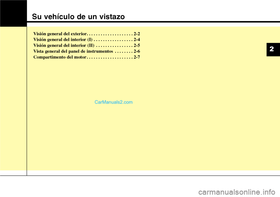 Hyundai Grand Santa Fe 2015  Manual del propietario (in Spanish) Su vehículo de un vistazo
Visión general del exterior. . . . . . . . . . . . . . . . . . . . 2-2
Visión general del interior (I) . . . . . . . . . . . . . . . . . 2-4
Visión general del interior (