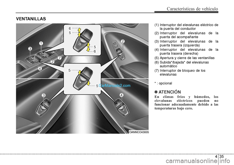 Hyundai Grand Santa Fe 2015 Manual del propietario (in Spanish) 435
Características de vehículo
(1) Interruptor del elevalunas eléctrico de
la puerta del conductor
(2) Interruptor del elevalunas de la
puerta del acompañante
(3) Interruptor del elevalunas de la Hyundai Grand Santa Fe 2015 Manual del propietario (in Spanish) 435
Características de vehículo
(1) Interruptor del elevalunas eléctrico de
la puerta del conductor
(2) Interruptor del elevalunas de la
puerta del acompañante
(3) Interruptor del elevalunas de la