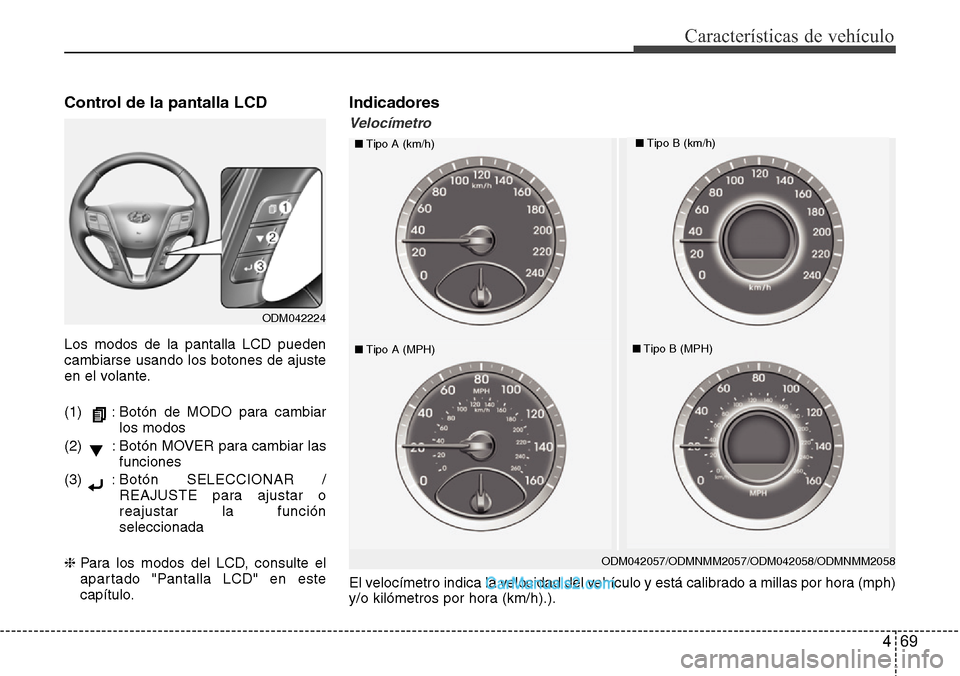 Hyundai Grand Santa Fe 2015 Manual del propietario (in Spanish) 469
Características de vehículo
El velocímetro indica la velocidad del vehículo y está calibrado a millas por hora (mph)
y/o kilómetros por hora (km/h).).
Control de la pantalla LCD
Los modos de Hyundai Grand Santa Fe 2015 Manual del propietario (in Spanish) 469
Características de vehículo
El velocímetro indica la velocidad del vehículo y está calibrado a millas por hora (mph)
y/o kilómetros por hora (km/h).).
Control de la pantalla LCD
Los modos de