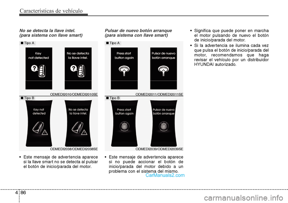 Hyundai Grand Santa Fe 2015 Manual del propietario (in Spanish) Características de vehículo
86 4
No se detecta la llave intel.
(para sistema con llave smart)
• Este mensaje de advertencia aparece
si la llave smart no se detecta al pulsar
el botón de inicio/pa Hyundai Grand Santa Fe 2015 Manual del propietario (in Spanish) Características de vehículo
86 4
No se detecta la llave intel.
(para sistema con llave smart)
• Este mensaje de advertencia aparece
si la llave smart no se detecta al pulsar
el botón de inicio/pa