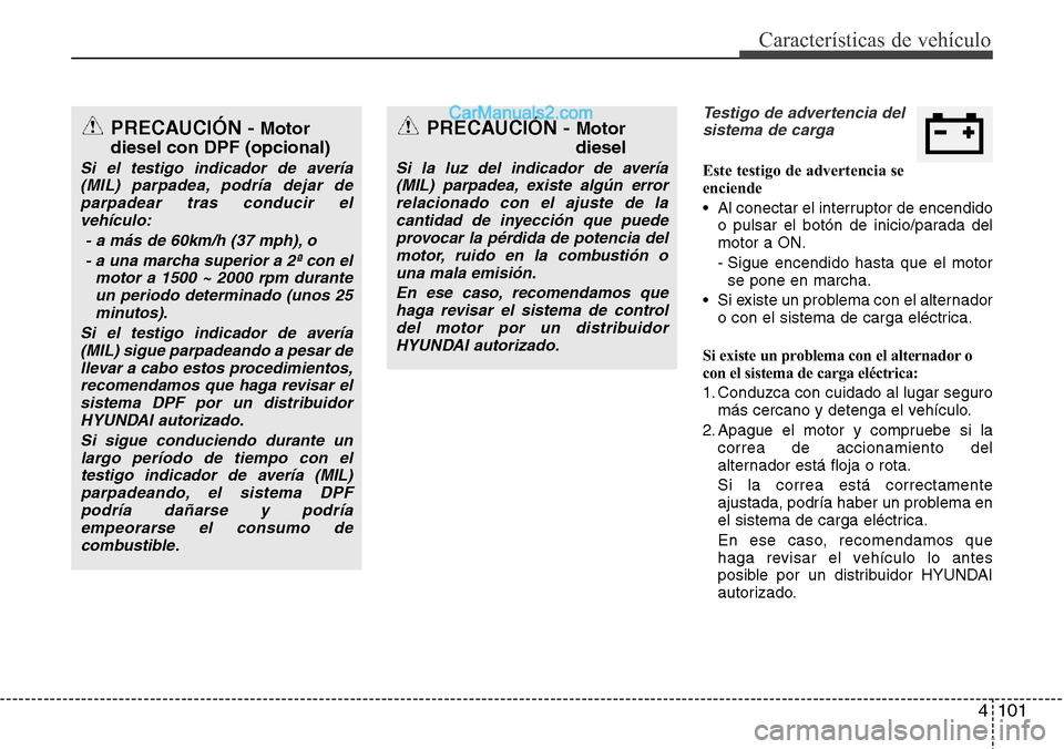Hyundai Grand Santa Fe 2015 Manual del propietario (in Spanish) 4 101
Características de vehículo
Testigo de advertencia del
sistema de carga
Este testigo de advertencia se
enciende
• Al conectar el interruptor de encendido
o pulsar el botón de inicio/parada Hyundai Grand Santa Fe 2015 Manual del propietario (in Spanish) 4 101
Características de vehículo
Testigo de advertencia del
sistema de carga
Este testigo de advertencia se
enciende
• Al conectar el interruptor de encendido
o pulsar el botón de inicio/parada