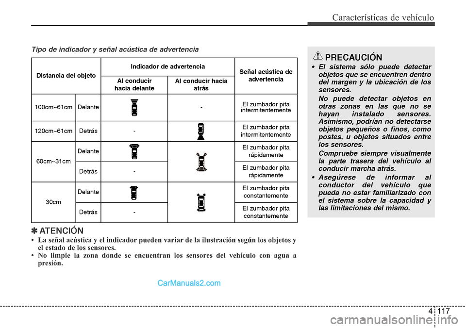 Hyundai Grand Santa Fe 2015 Manual del propietario (in Spanish) 4 117
Características de vehículo
✽ATENCIÓN
• La señal acústica y el indicador pueden variar de la ilustración según los objetos y
el estado de los sensores.
• No limpie la zona donde se Hyundai Grand Santa Fe 2015 Manual del propietario (in Spanish) 4 117
Características de vehículo
✽ATENCIÓN
• La señal acústica y el indicador pueden variar de la ilustración según los objetos y
el estado de los sensores.
• No limpie la zona donde se