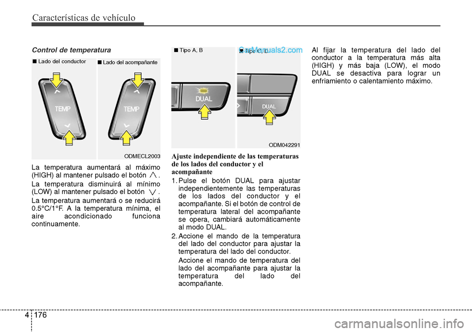 Hyundai Grand Santa Fe 2015 Manual del propietario (in Spanish) Características de vehículo
176 4
Control de temperatura
La temperatura aumentará al máximo
(HIGH) al mantener pulsado el botón .
La temperatura disminuirá al mínimo
(LOW) al mantener pulsado Hyundai Grand Santa Fe 2015 Manual del propietario (in Spanish) Características de vehículo
176 4
Control de temperatura
La temperatura aumentará al máximo
(HIGH) al mantener pulsado el botón .
La temperatura disminuirá al mínimo
(LOW) al mantener pulsado