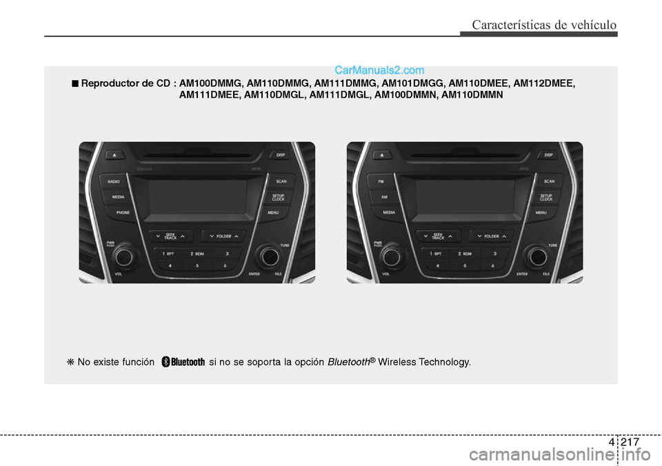 Hyundai Grand Santa Fe 2015  Manual del propietario (in Spanish) 4217
Características de vehículo
■ Reproductor de CD : AM100DMMG, AM110DMMG, AM111DMMG, AM101DMGG, AM110DMEE, AM112DMEE,
AM111DMEE, AM110DMGL, AM111DMGL, AM100DMMN, AM110DMMN
❋No existe función