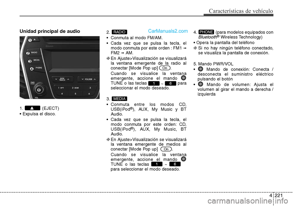 Hyundai Grand Santa Fe 2015  Manual del propietario (in Spanish) 4221
Características de vehículo
Unidad principal de audio
1. (EJECT)
• Expulsa el disco.2.
• Conmuta al modo FM/AM.
• Cada vez que se pulsa la tecla, el
modo conmuta por este orden : FM1 
➟