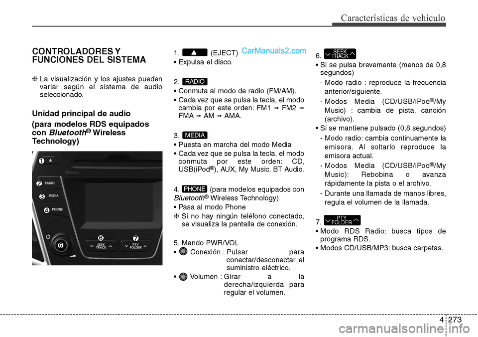 Hyundai Grand Santa Fe 2015  Manual del propietario (in Spanish) 4273
Características de vehículo
CONTROLADORES Y
FUNCIONES DEL SISTEMA
❈ La visualización y los ajustes pueden
variar según el sistema de audio
seleccionado.
Unidad principal de audio 
(para mod