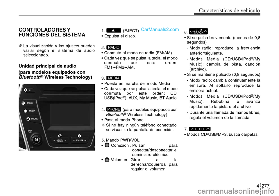 Hyundai Grand Santa Fe 2015  Manual del propietario (in Spanish) 4277
Características de vehículo
CONTROLADORES Y
FUNCIONES DEL SISTEMA
❈ La visualización y los ajustes pueden
variar según el sistema de audio
seleccionado.
Unidad principal de audio 
(para mod
