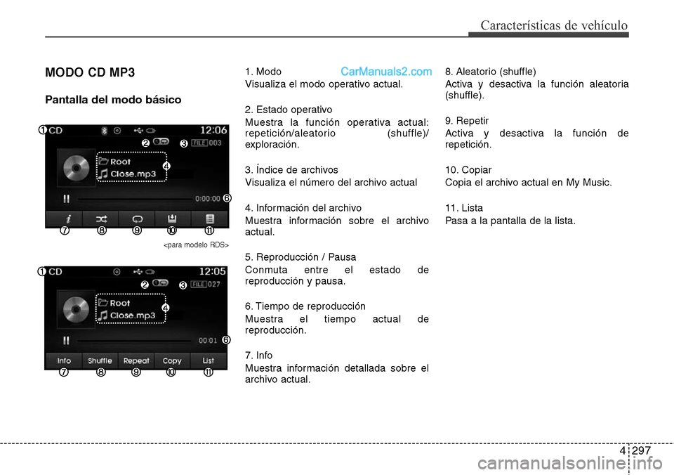 Hyundai Grand Santa Fe 2015  Manual del propietario (in Spanish) 4297
Características de vehículo
MODO CD MP3
Pantalla del modo básico
<para modelo RDS>
1. Modo
Visualiza el modo operativo actual.
2. Estado operativo
Muestra la función operativa actual:
repetic