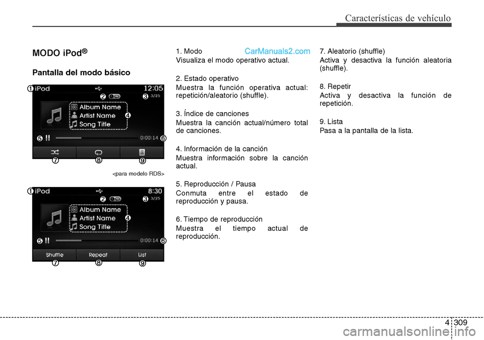 Hyundai Grand Santa Fe 2015 Manual del propietario (in Spanish) 4309
Características de vehículo
MODO iPod®
Pantalla del modo básico
<para modelo RDS>
1. Modo
Visualiza el modo operativo actual.
2. Estado operativo
Muestra la función operativa actual:
repetic Hyundai Grand Santa Fe 2015 Manual del propietario (in Spanish) 4309
Características de vehículo
MODO iPod®
Pantalla del modo básico
<para modelo RDS>
1. Modo
Visualiza el modo operativo actual.
2. Estado operativo
Muestra la función operativa actual:
repetic