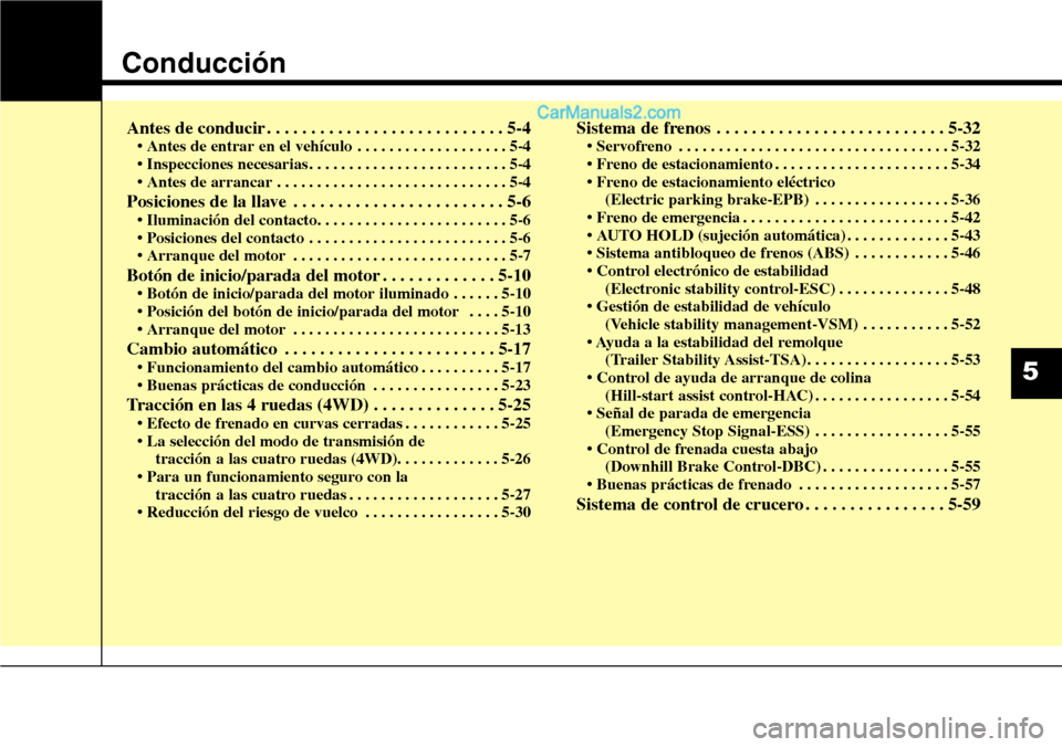 Hyundai Grand Santa Fe 2015  Manual del propietario (in Spanish) Conducción
Antes de conducir . . . . . . . . . . . . . . . . . . . . . . . . . . . 5-4• Antes de entrar en el vehículo . . . . . . . . . . . . . . . . . . . 5-4
• Inspecciones necesarias . . . .