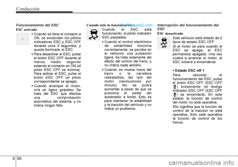 Hyundai Grand Santa Fe 2015  Manual del propietario (in Spanish) Conducción
50 5
Funcionamiento del ESC
ESC activado
• Cuando se lleva el contacto a
ON, se encienden los pilotos
indicadores ESC y ESC OFF
durante unos 3 segundos, y
queda iluminado el ESC.
• Par