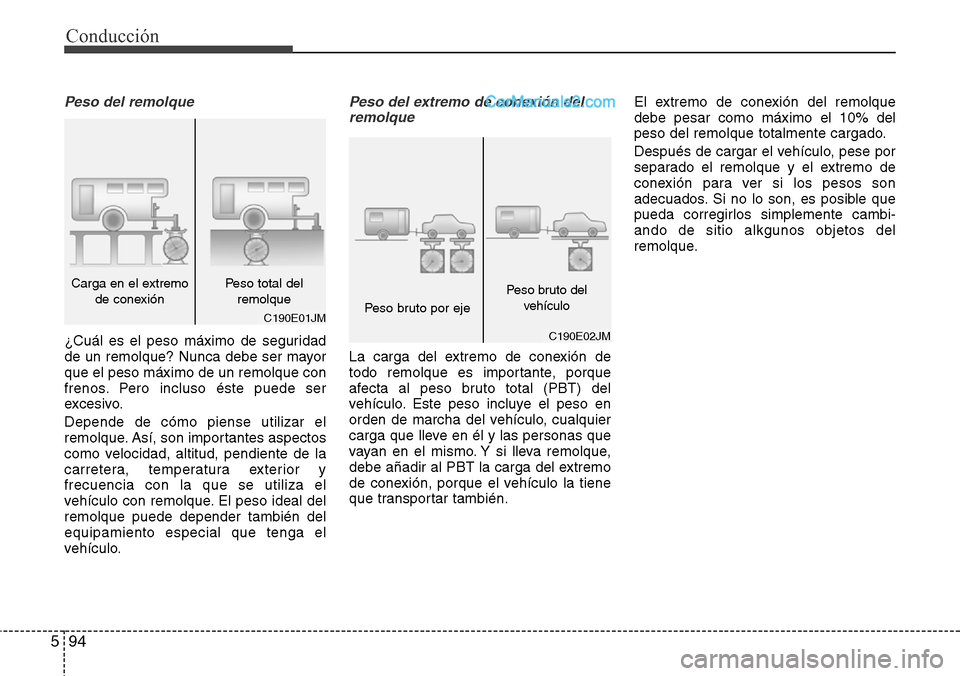 Hyundai Grand Santa Fe 2015 Manual del propietario (in Spanish) Conducción
94 5
Peso del remolque
¿Cuál es el peso máximo de seguridad
de un remolque? Nunca debe ser mayor
que el peso máximo de un remolque con
frenos. Pero incluso éste puede ser
excesivo.
De Hyundai Grand Santa Fe 2015 Manual del propietario (in Spanish) Conducción
94 5
Peso del remolque
¿Cuál es el peso máximo de seguridad
de un remolque? Nunca debe ser mayor
que el peso máximo de un remolque con
frenos. Pero incluso éste puede ser
excesivo.
De
