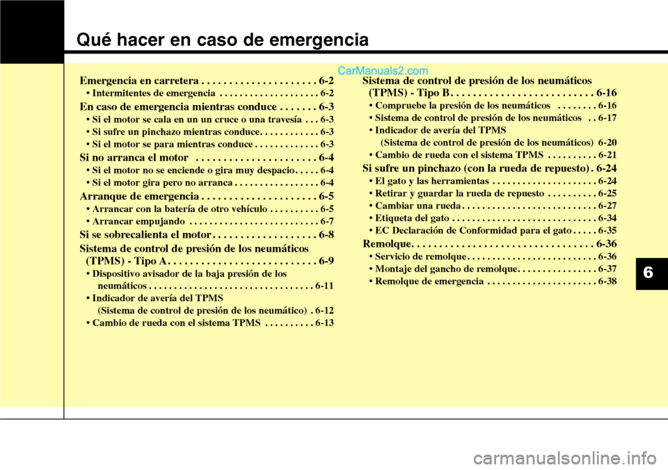 Hyundai Grand Santa Fe 2015 Manual del propietario (in Spanish) Qué hacer en caso de emergencia
Emergencia en carretera . . . . . . . . . . . . . . . . . . . . . 6-2
• Intermitentes de emergencia . . . . . . . . . . . . . . . . . . . . 6-2
En caso de emergencia Hyundai Grand Santa Fe 2015 Manual del propietario (in Spanish) Qué hacer en caso de emergencia
Emergencia en carretera . . . . . . . . . . . . . . . . . . . . . 6-2
• Intermitentes de emergencia . . . . . . . . . . . . . . . . . . . . 6-2
En caso de emergencia