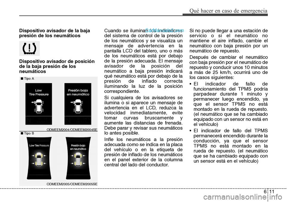 Hyundai Grand Santa Fe 2015 Manual del propietario (in Spanish) 611
Qué hacer en caso de emergencia
Dispositivo avisador de la baja
presión de los neumáticos
Dispositivo avisador de posición
de la baja presión de los
neumáticosCuando se iluminan los indicado Hyundai Grand Santa Fe 2015 Manual del propietario (in Spanish) 611
Qué hacer en caso de emergencia
Dispositivo avisador de la baja
presión de los neumáticos
Dispositivo avisador de posición
de la baja presión de los
neumáticosCuando se iluminan los indicado