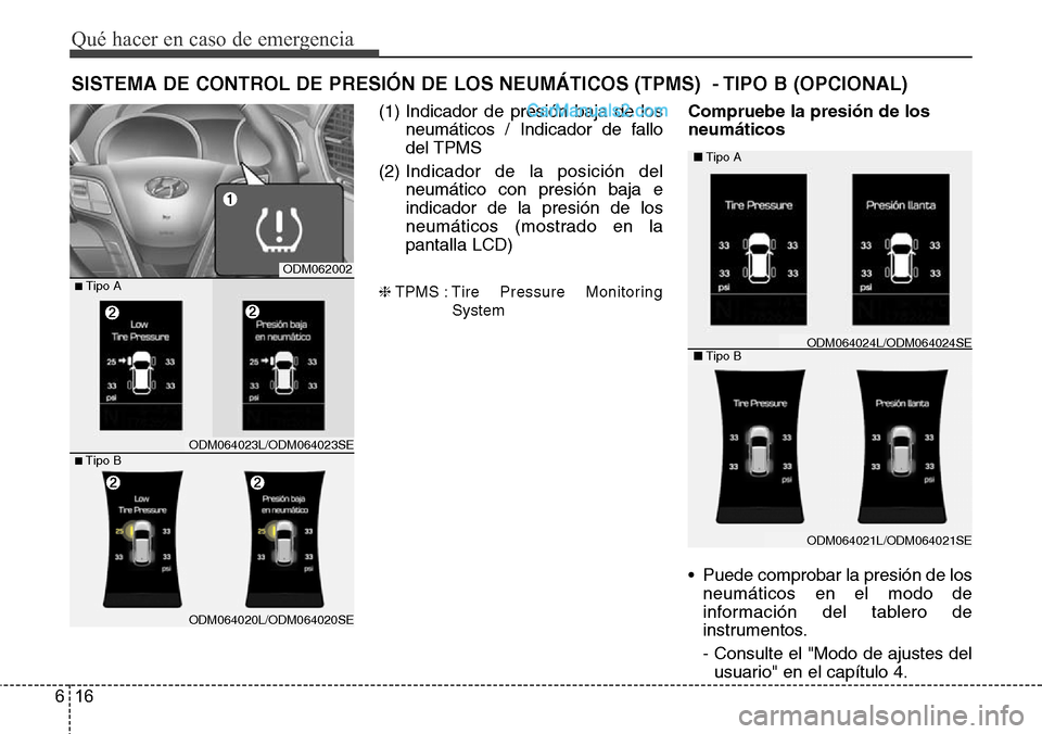 Hyundai Grand Santa Fe 2015 Manual del propietario (in Spanish) Qué hacer en caso de emergencia
16 6
SISTEMA DE CONTROL DE PRESIÓN DE LOS NEUMÁTICOS (TPMS) - TIPO B (OPCIONAL)
(1) Indicador de presión baja de los
neumáticos / Indicador de fallo
del TPMS
(2) Hyundai Grand Santa Fe 2015 Manual del propietario (in Spanish) Qué hacer en caso de emergencia
16 6
SISTEMA DE CONTROL DE PRESIÓN DE LOS NEUMÁTICOS (TPMS) - TIPO B (OPCIONAL)
(1) Indicador de presión baja de los
neumáticos / Indicador de fallo
del TPMS
(2)
