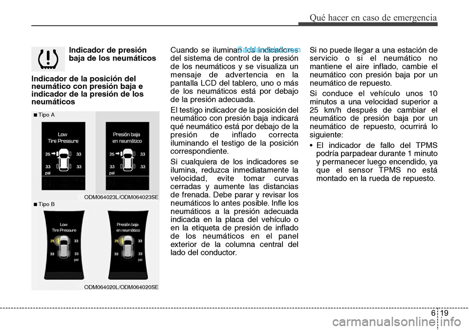 Hyundai Grand Santa Fe 2015 Manual del propietario (in Spanish) 619
Qué hacer en caso de emergencia
Indicador de presión
baja de los neumáticos
Indicador de la posición del
neumático con presión baja e
indicador de la presión de los
neumáticosCuando se ilu Hyundai Grand Santa Fe 2015 Manual del propietario (in Spanish) 619
Qué hacer en caso de emergencia
Indicador de presión
baja de los neumáticos
Indicador de la posición del
neumático con presión baja e
indicador de la presión de los
neumáticosCuando se ilu