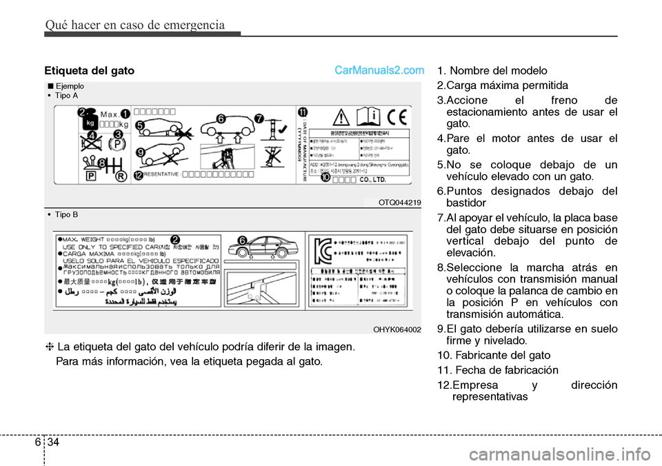 Hyundai Grand Santa Fe 2015 Manual del propietario (in Spanish) Qué hacer en caso de emergencia
34 6
Etiqueta del gato1. Nombre del modelo
2.Carga máxima permitida
3.Accione el freno de
estacionamiento antes de usar el
gato.
4.Pare el motor antes de usar el
gato Hyundai Grand Santa Fe 2015 Manual del propietario (in Spanish) Qué hacer en caso de emergencia
34 6
Etiqueta del gato1. Nombre del modelo
2.Carga máxima permitida
3.Accione el freno de
estacionamiento antes de usar el
gato.
4.Pare el motor antes de usar el
gato