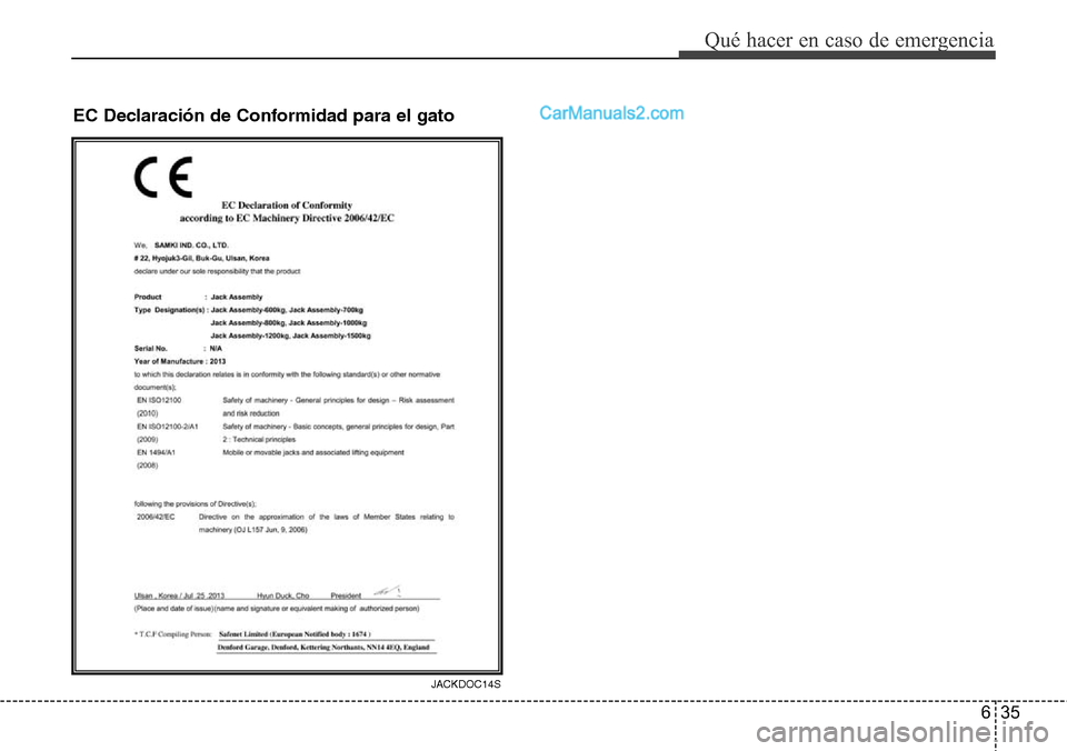 Hyundai Grand Santa Fe 2015 Manual del propietario (in Spanish) 635
Qué hacer en caso de emergencia
EC Declaración de Conformidad para el gato
JACKDOC14S Hyundai Grand Santa Fe 2015 Manual del propietario (in Spanish) 635
Qué hacer en caso de emergencia
EC Declaración de Conformidad para el gato
JACKDOC14S