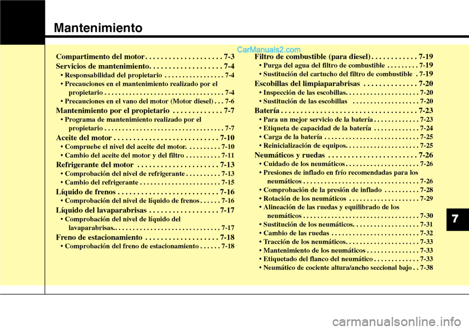 Hyundai Grand Santa Fe 2015 Manual del propietario (in Spanish) Mantenimiento
7
Compartimento del motor . . . . . . . . . . . . . . . . . . . . 7-3
Servicios de mantenimiento. . . . . . . . . . . . . . . . . . . 7-4
• Responsabilidad del propietario . . . . . . Hyundai Grand Santa Fe 2015 Manual del propietario (in Spanish) Mantenimiento
7
Compartimento del motor . . . . . . . . . . . . . . . . . . . . 7-3
Servicios de mantenimiento. . . . . . . . . . . . . . . . . . . 7-4
• Responsabilidad del propietario . . . . . .