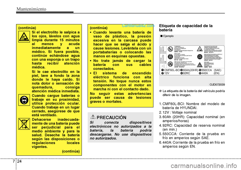 Hyundai Grand Santa Fe 2015 Manual del propietario (in Spanish) Mantenimiento
24 7
Etiqueta de capacidad de la
batería
❈La etiqueta de la batería del vehículo podría
diferir de la imagen.
1. CMF60L-BCI: Nombre del modelo de
batería de HYUNDAI.
2. 12V : Volt Hyundai Grand Santa Fe 2015 Manual del propietario (in Spanish) Mantenimiento
24 7
Etiqueta de capacidad de la
batería
❈La etiqueta de la batería del vehículo podría
diferir de la imagen.
1. CMF60L-BCI: Nombre del modelo de
batería de HYUNDAI.
2. 12V : Volt