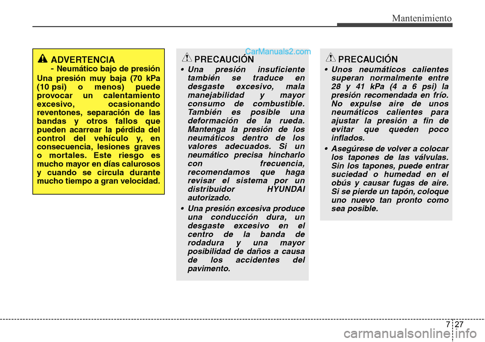 Hyundai Grand Santa Fe 2015 Manual del propietario (in Spanish) 727
Mantenimiento
ADVERTENCIA
-
Neumático bajo de presión
Una presión muy baja (70 kPa
(10 psi) o menos) puede
provocar un calentamiento
excesivo, ocasionando
reventones, separación de las
banda Hyundai Grand Santa Fe 2015 Manual del propietario (in Spanish) 727
Mantenimiento
ADVERTENCIA
-
Neumático bajo de presión
Una presión muy baja (70 kPa
(10 psi) o menos) puede
provocar un calentamiento
excesivo, ocasionando
reventones, separación de las
banda