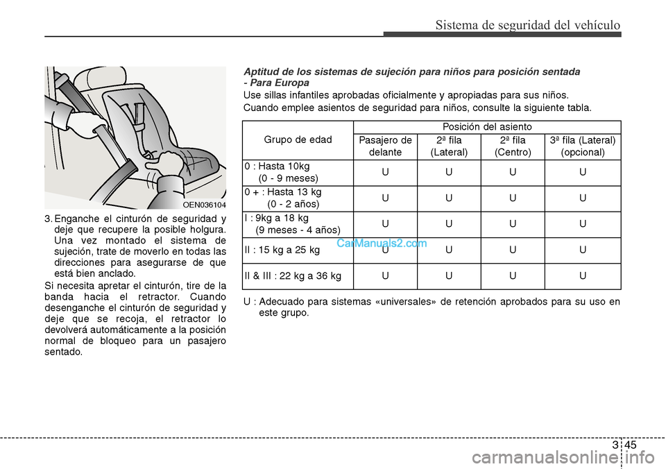 Hyundai Grand Santa Fe 2015 Manual del propietario (in Spanish) 345
Sistema de seguridad del vehículo
3. Enganche el cinturón de seguridad y
deje que recupere la posible holgura.
Una vez montado el sistema de
sujeción, trate de moverlo en todas las
direcciones Hyundai Grand Santa Fe 2015 Manual del propietario (in Spanish) 345
Sistema de seguridad del vehículo
3. Enganche el cinturón de seguridad y
deje que recupere la posible holgura.
Una vez montado el sistema de
sujeción, trate de moverlo en todas las
direcciones