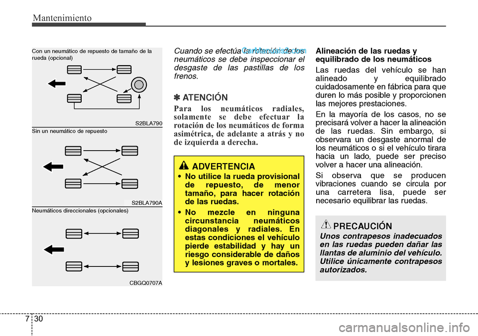 Hyundai Grand Santa Fe 2015 Manual del propietario (in Spanish) Mantenimiento
30 7
Cuando se efectúa la rotación de los
neumáticos se debe inspeccionar el
desgaste de las pastillas de los
frenos.
✽ ATENCIÓN
Para los neumáticos radiales,
solamente se debe ef Hyundai Grand Santa Fe 2015 Manual del propietario (in Spanish) Mantenimiento
30 7
Cuando se efectúa la rotación de los
neumáticos se debe inspeccionar el
desgaste de las pastillas de los
frenos.
✽ ATENCIÓN
Para los neumáticos radiales,
solamente se debe ef