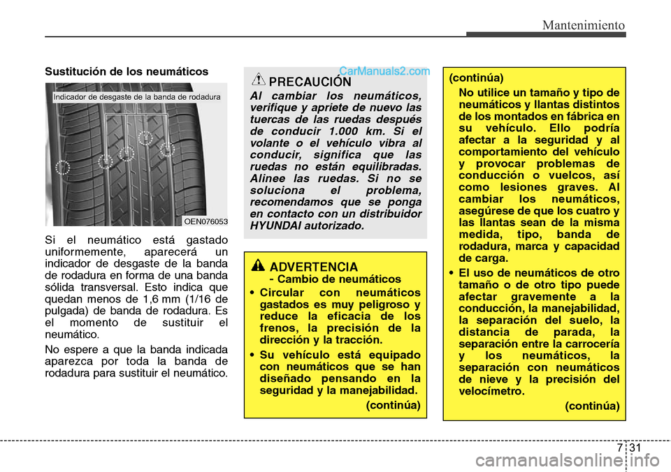 Hyundai Grand Santa Fe 2015 Manual del propietario (in Spanish) 731
Mantenimiento
Sustitución de los neumáticos
Si el neumático está gastado
uniformemente, aparecerá un
indicador de desgaste de la banda
de rodadura en forma de una banda
sólida transversal. E Hyundai Grand Santa Fe 2015 Manual del propietario (in Spanish) 731
Mantenimiento
Sustitución de los neumáticos
Si el neumático está gastado
uniformemente, aparecerá un
indicador de desgaste de la banda
de rodadura en forma de una banda
sólida transversal. E