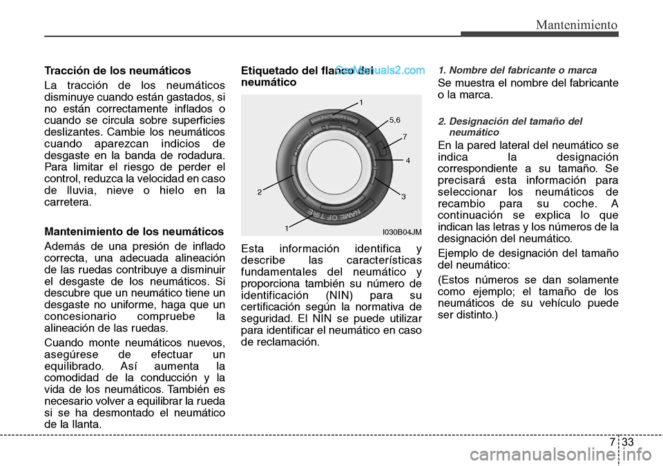 Hyundai Grand Santa Fe 2015 Manual del propietario (in Spanish) 733
Mantenimiento
Tracción de los neumáticos
La tracción de los neumáticos
disminuye cuando están gastados, si
no están correctamente inflados o
cuando se circula sobre superficies
deslizantes. Hyundai Grand Santa Fe 2015 Manual del propietario (in Spanish) 733
Mantenimiento
Tracción de los neumáticos
La tracción de los neumáticos
disminuye cuando están gastados, si
no están correctamente inflados o
cuando se circula sobre superficies
deslizantes.