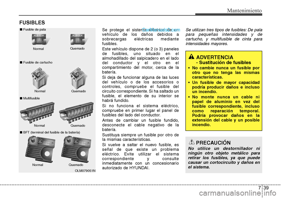 Hyundai Grand Santa Fe 2015 Manual del propietario (in Spanish) 739
Mantenimiento
FUSIBLES
Se protege el sistema eléctrico de un
vehículo de los daños debidos a
sobrecargas eléctricas mediante
fusibles.
Este vehículo dispone de 2 (o 3) paneles
de fusibles, un Hyundai Grand Santa Fe 2015 Manual del propietario (in Spanish) 739
Mantenimiento
FUSIBLES
Se protege el sistema eléctrico de un
vehículo de los daños debidos a
sobrecargas eléctricas mediante
fusibles.
Este vehículo dispone de 2 (o 3) paneles
de fusibles, un