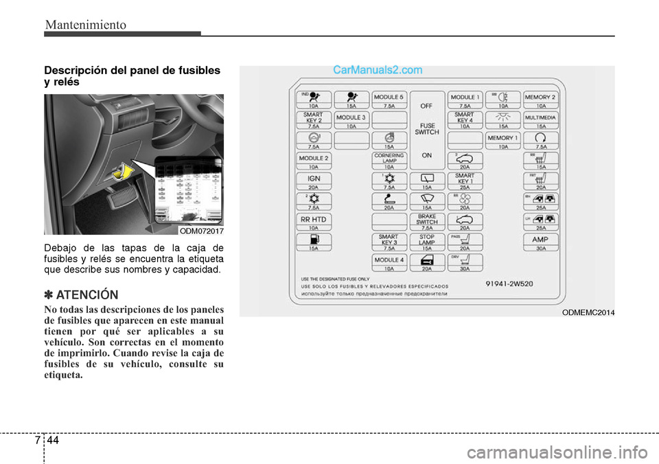 Hyundai Grand Santa Fe 2015 Manual del propietario (in Spanish) Mantenimiento
44 7
Descripción del panel de fusibles
y relés
Debajo de las tapas de la caja de
fusibles y relés se encuentra la etiqueta
que describe sus nombres y capacidad.
✽ ATENCIÓN
No todas Hyundai Grand Santa Fe 2015 Manual del propietario (in Spanish) Mantenimiento
44 7
Descripción del panel de fusibles
y relés
Debajo de las tapas de la caja de
fusibles y relés se encuentra la etiqueta
que describe sus nombres y capacidad.
✽ ATENCIÓN
No todas