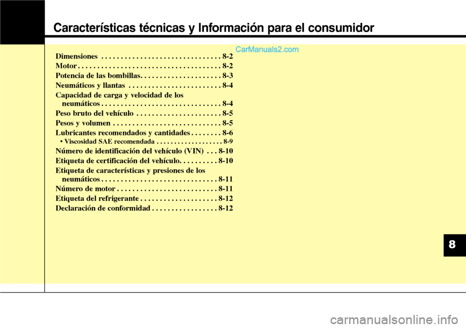 Hyundai Grand Santa Fe 2015 Manual del propietario (in Spanish) Características técnicas y Información para el consumidor
Dimensiones . . . . . . . . . . . . . . . . . . . . . . . . . . . . . . . 8-2
Motor . . . . . . . . . . . . . . . . . . . . . . . . . . . . Hyundai Grand Santa Fe 2015 Manual del propietario (in Spanish) Características técnicas y Información para el consumidor
Dimensiones . . . . . . . . . . . . . . . . . . . . . . . . . . . . . . . 8-2
Motor . . . . . . . . . . . . . . . . . . . . . . . . . . . .
