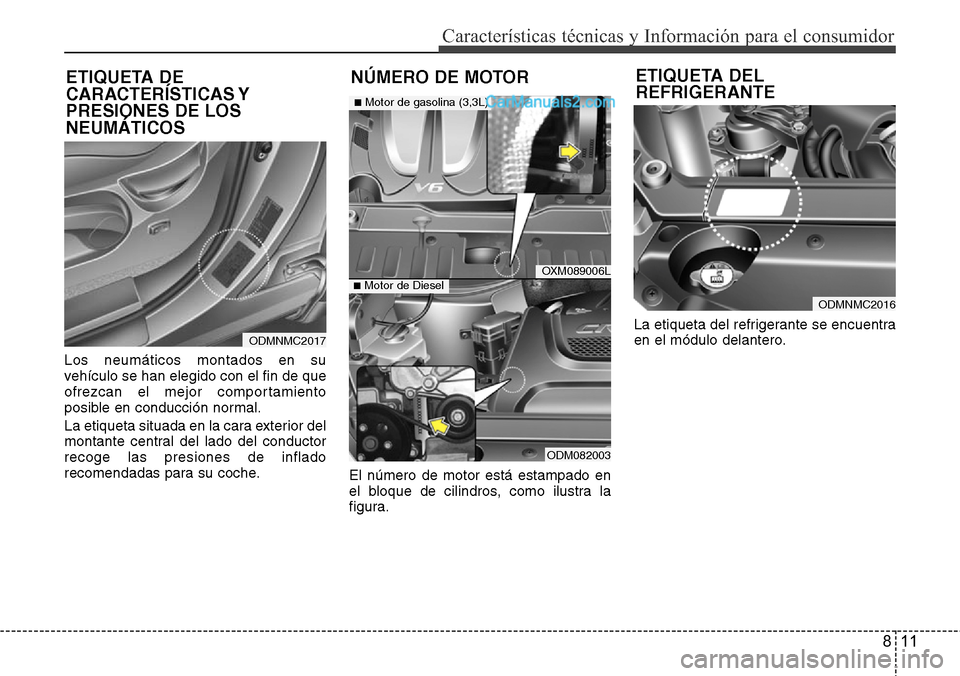 Hyundai Grand Santa Fe 2015 Manual del propietario (in Spanish) 811
Características técnicas y Información para el consumidor
Los neumáticos montados en su
vehículo se han elegido con el fin de que
ofrezcan el mejor comportamiento
posible en conducción norma Hyundai Grand Santa Fe 2015 Manual del propietario (in Spanish) 811
Características técnicas y Información para el consumidor
Los neumáticos montados en su
vehículo se han elegido con el fin de que
ofrezcan el mejor comportamiento
posible en conducción norma
