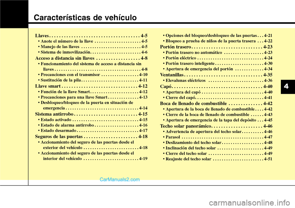 Hyundai Grand Santa Fe 2015 Manual del propietario (in Spanish) Características de vehículo
Llaves . . . . . . . . . . . . . . . . . . . . . . . . . . . . . . . . . . . . . 4-5
• Anote el número de la llave . . . . . . . . . . . . . . . . . . . . . 4-5
• Ma Hyundai Grand Santa Fe 2015 Manual del propietario (in Spanish) Características de vehículo
Llaves . . . . . . . . . . . . . . . . . . . . . . . . . . . . . . . . . . . . . 4-5
• Anote el número de la llave . . . . . . . . . . . . . . . . . . . . . 4-5
• Ma