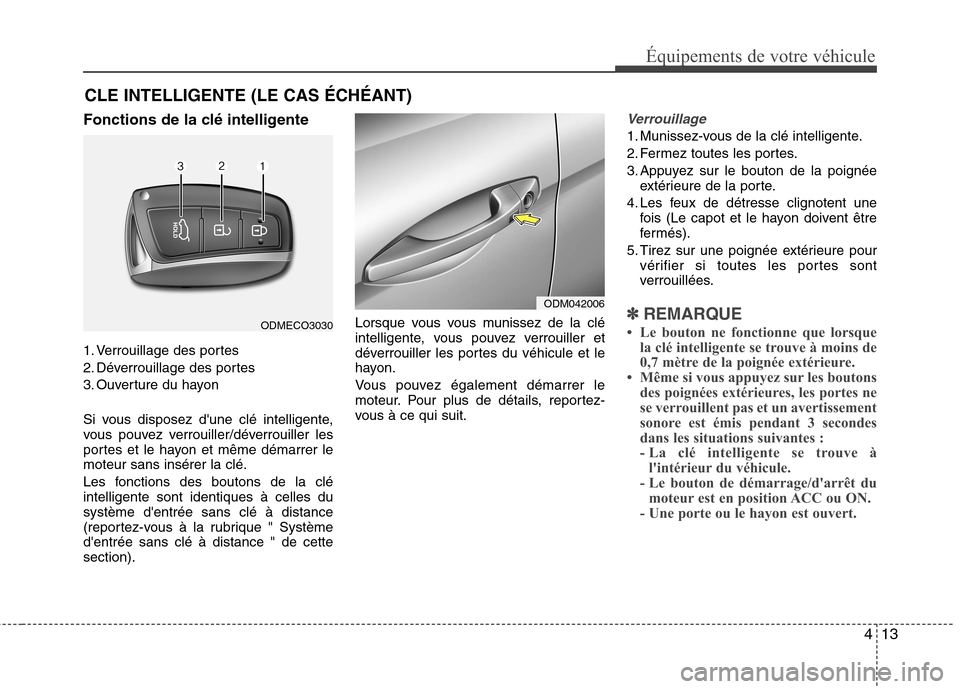 Hyundai Grand Santa Fe 2015 Manuel du propriétaire (in French) 413
Équipements de votre véhicule
Fonctions de la clé intelligente
1. Verrouillage des portes
2. Déverrouillage des portes
3. Ouverture du hayon
Si vous disposez dune clé intelligente,
vous Hyundai Grand Santa Fe 2015 Manuel du propriétaire (in French) 413
Équipements de votre véhicule
Fonctions de la clé intelligente
1. Verrouillage des portes
2. Déverrouillage des portes
3. Ouverture du hayon
Si vous disposez dune clé intelligente,
vous