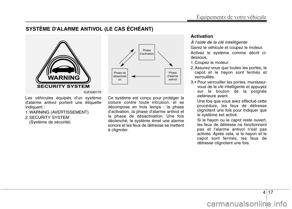 Hyundai Grand Santa Fe 2015  Manuel du propriétaire (in French) 417
Équipements de votre véhicule
Les véhicules équipés dun système 
dalarme antivol portent une étiquetteindiquant : 
1. WARNING (AVERTISSEMENT)
2. SECURITY SYSTEM (Système de sécurité) C