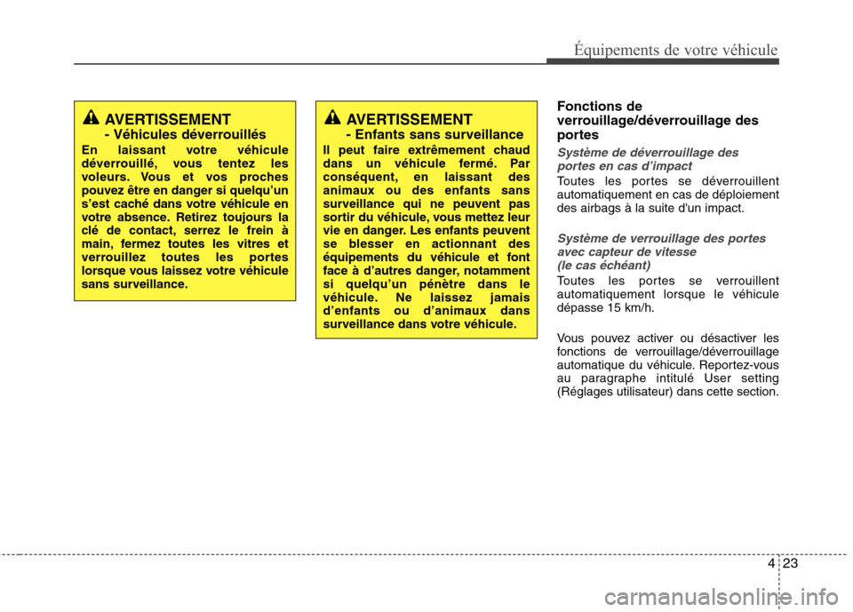 Hyundai Grand Santa Fe 2015  Manuel du propriétaire (in French) 423
Équipements de votre véhicule
Fonctions de 
verrouillage/déverrouillage des
portes
Système de déverrouillage desportes en cas d’impact
Toutes les portes se déverrouillent automatiquement e