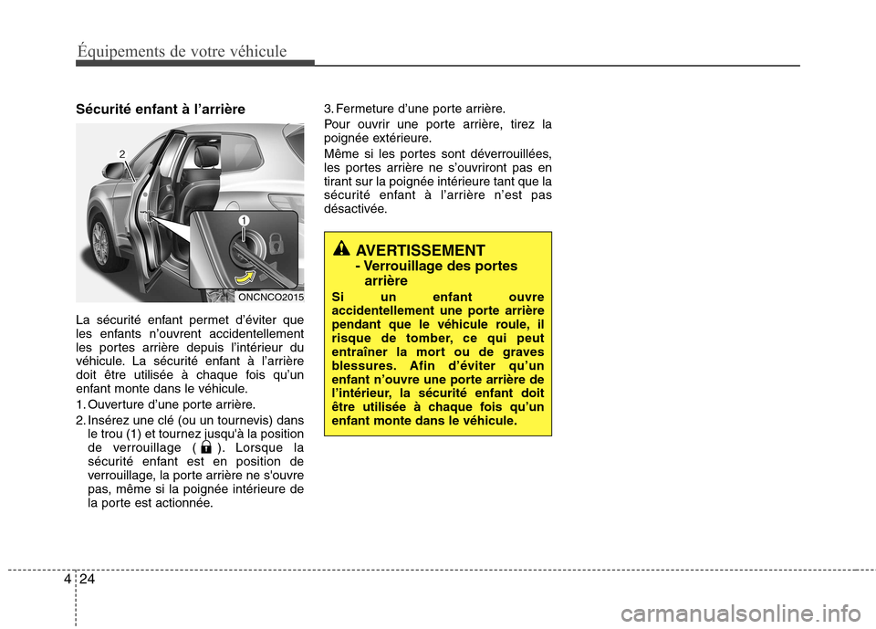 Hyundai Grand Santa Fe 2015  Manuel du propriétaire (in French) Équipements de votre véhicule
24
4
Sécurité enfant à l’arrière 
La sécurité enfant permet d’éviter que 
les enfants n’ouvrent accidentellement
les portes arrière depuis l’intérieur 