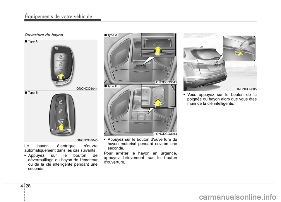 Hyundai Grand Santa Fe 2015 Manuel du propriétaire (in French) 28
4
Ouverture du hayon
Le hayon électrique souvre
automatiquement dans les cas suivants :
Appuyez sur le bouton de
déverrouillage du hayon de lémetteur ou de la clé intelligente pendant une
Hyundai Grand Santa Fe 2015 Manuel du propriétaire (in French) 28
4
Ouverture du hayon
Le hayon électrique souvre
automatiquement dans les cas suivants :
Appuyez sur le bouton de
déverrouillage du hayon de lémetteur ou de la clé intelligente pendant une
