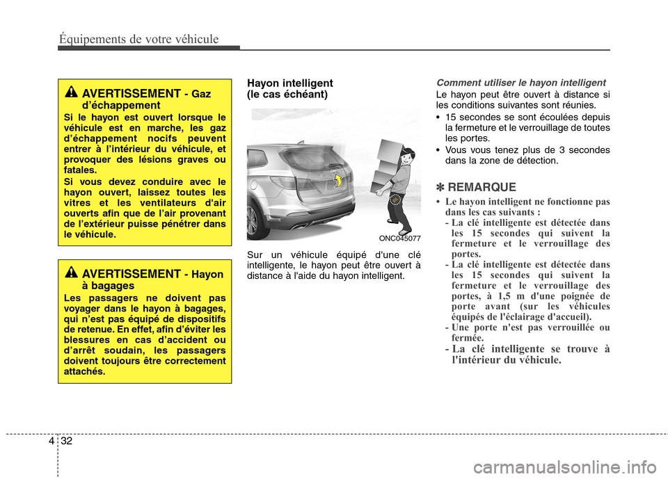 Hyundai Grand Santa Fe 2015 Manuel du propriétaire (in French) 32
4 Hayon intelligent
(le cas échéant) Sur un véhicule équipé dune clé
intelligente, le hayon peut être ouvert à
distance à laide du hayon intelligent.
Comment utiliser le hayon intelli Hyundai Grand Santa Fe 2015 Manuel du propriétaire (in French) 32
4 Hayon intelligent
(le cas échéant) Sur un véhicule équipé dune clé
intelligente, le hayon peut être ouvert à
distance à laide du hayon intelligent.
Comment utiliser le hayon intelli