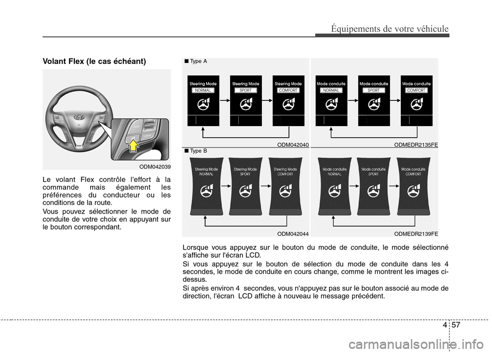 Hyundai Grand Santa Fe 2015 Manuel du propriétaire (in French) 457
Équipements de votre véhicule
Volant Flex (le cas échéant)
Le volant Flex contrôle leffort à la commande mais également lespréférences du conducteur ou les
conditions de la route.
Vous Hyundai Grand Santa Fe 2015 Manuel du propriétaire (in French) 457
Équipements de votre véhicule
Volant Flex (le cas échéant)
Le volant Flex contrôle leffort à la commande mais également lespréférences du conducteur ou les
conditions de la route.
Vous
