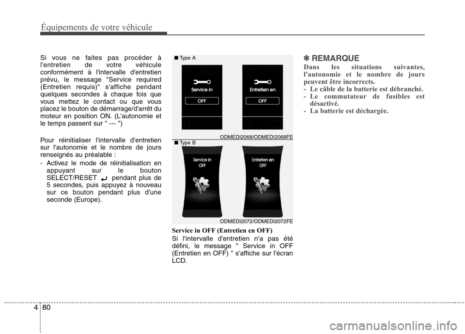 Hyundai Grand Santa Fe 2015  Manuel du propriétaire (in French) 80
4
Équipements de votre véhicule
Si vous ne faites pas procéder à 
lentretien de votre véhicule
conformément à lintervalle dentretien
prévu, le message "Service required(Entretien requis)